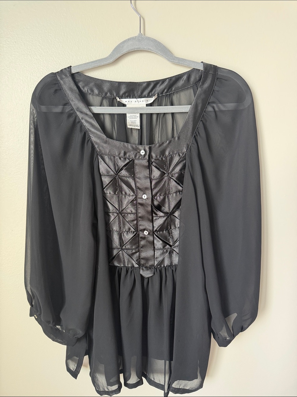 Max Studio Black Sheer Pintuck-Panel Blouse